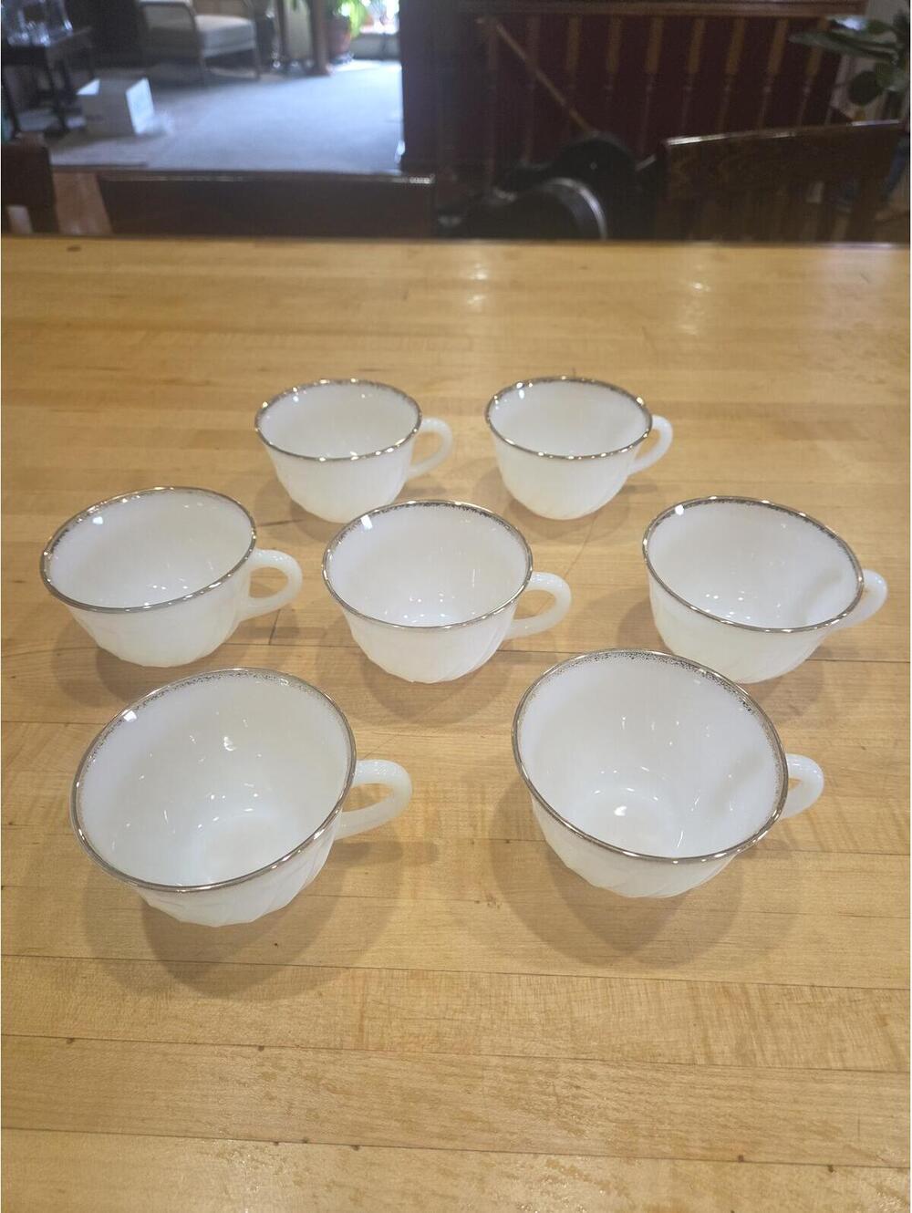 Vintage Fire King White Swirl Gold Rim Milk Glass Teacups Set of 7